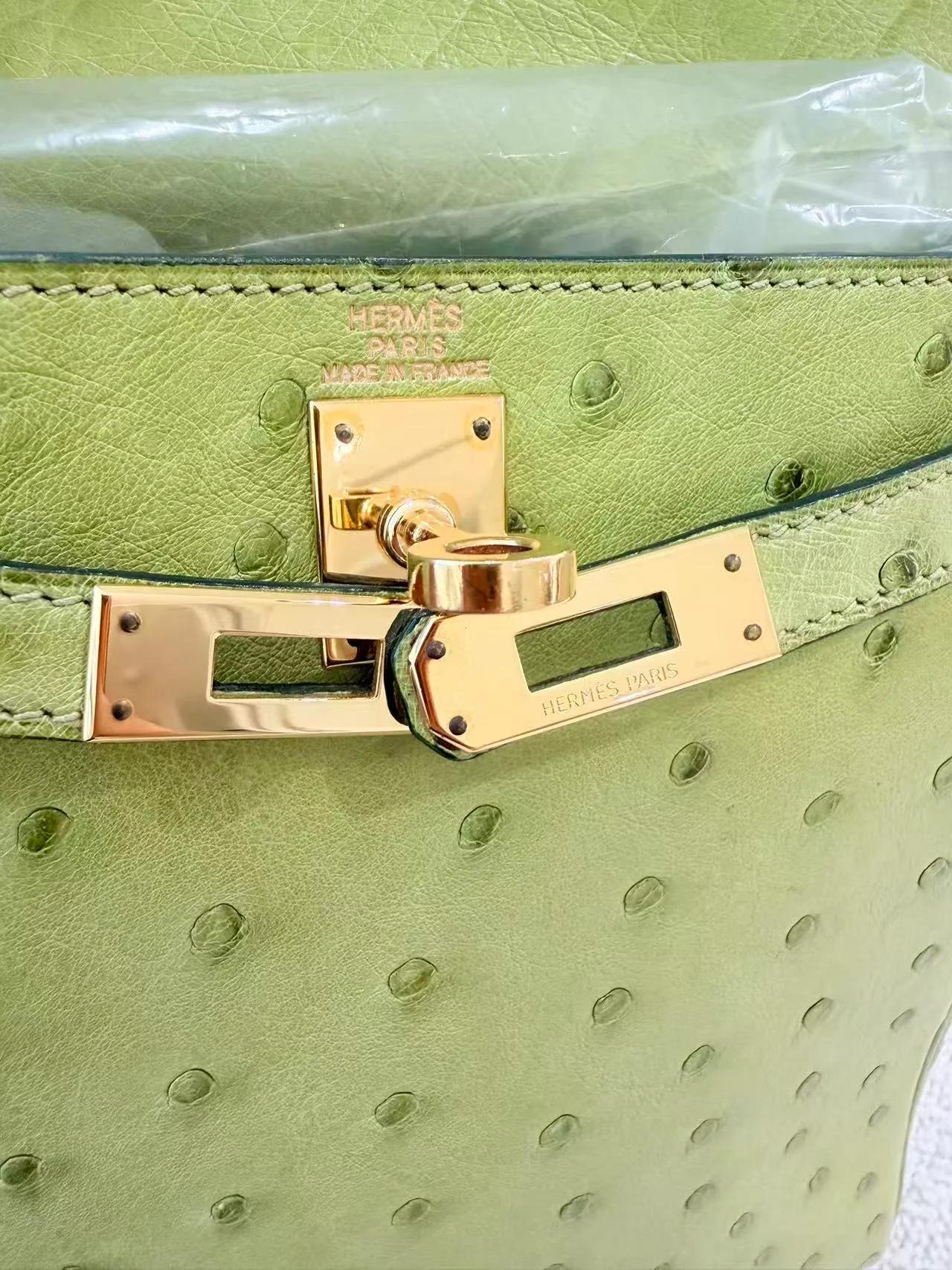 Very Good ( Rank A) HERMÈS Kelly Ado PM Vert Anis (66) Ostrich Gold hardware Square D (2000) - 23