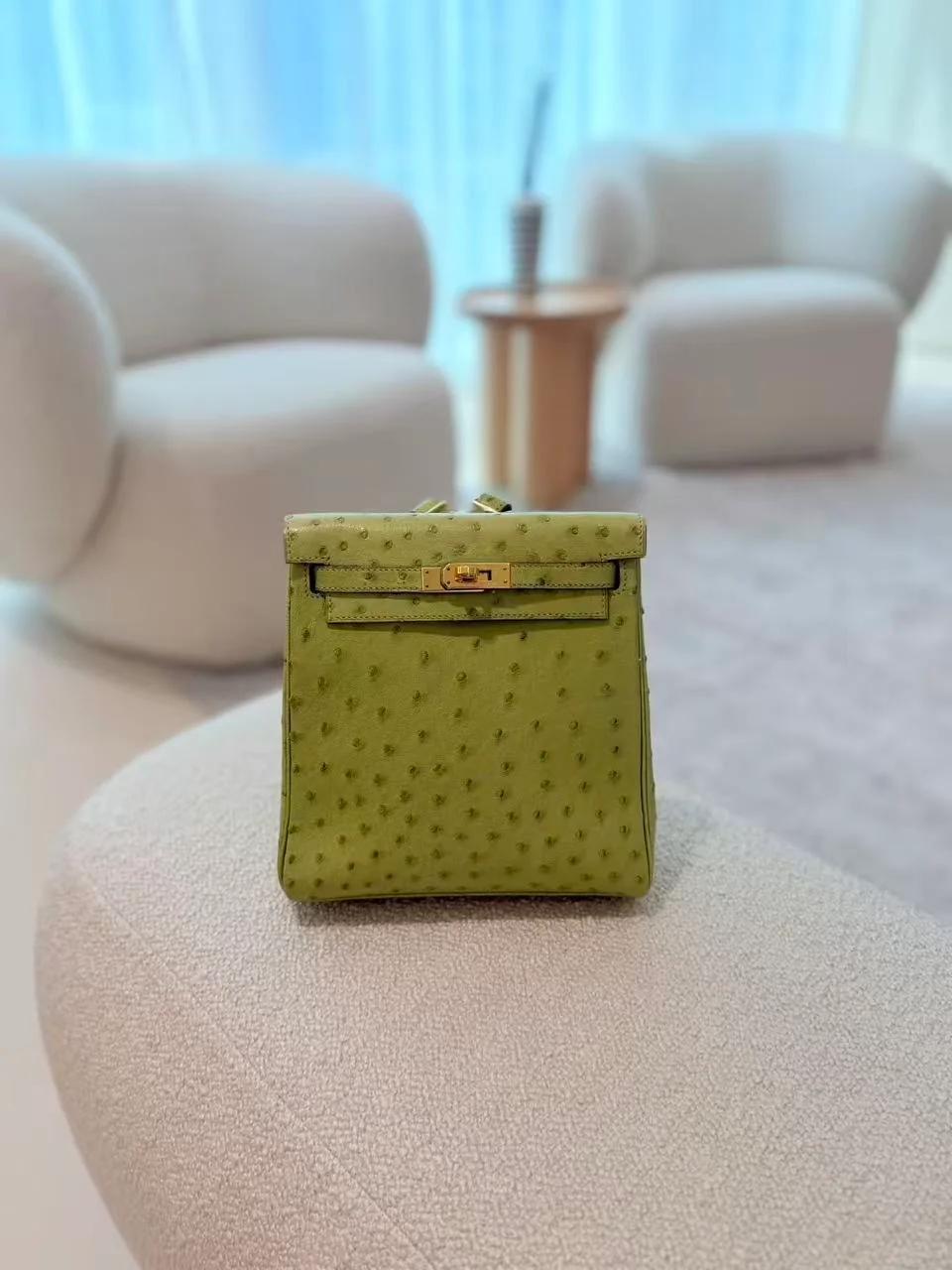 Very Good ( Rank A) HERMÈS Kelly Ado PM Vert Anis (66) Ostrich Gold hardware Square D (2000) - 4