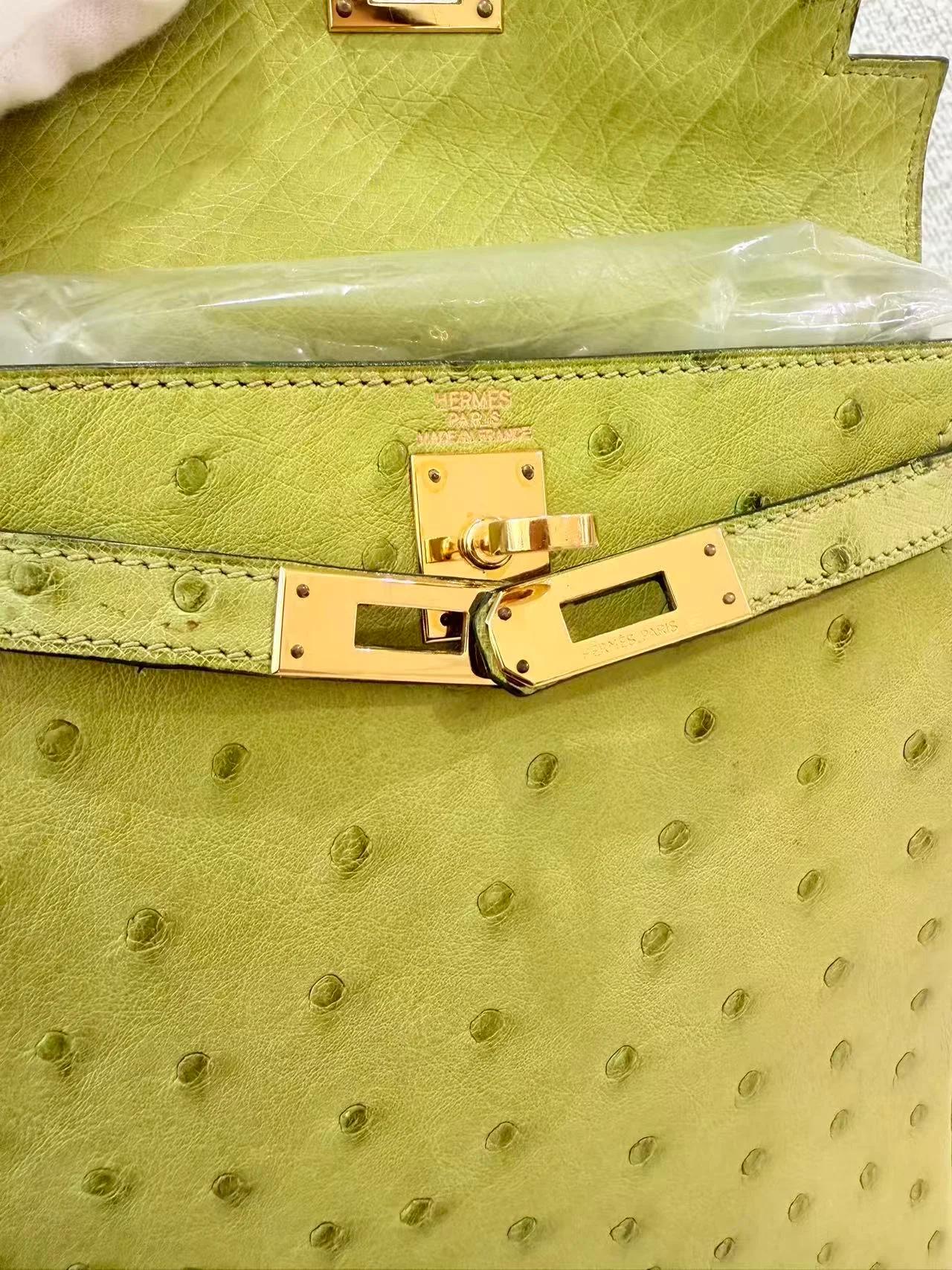 Very Good ( Rank A) HERMÈS Kelly Ado PM Vert Anis (66) Ostrich Gold hardware Square D (2000) - 22