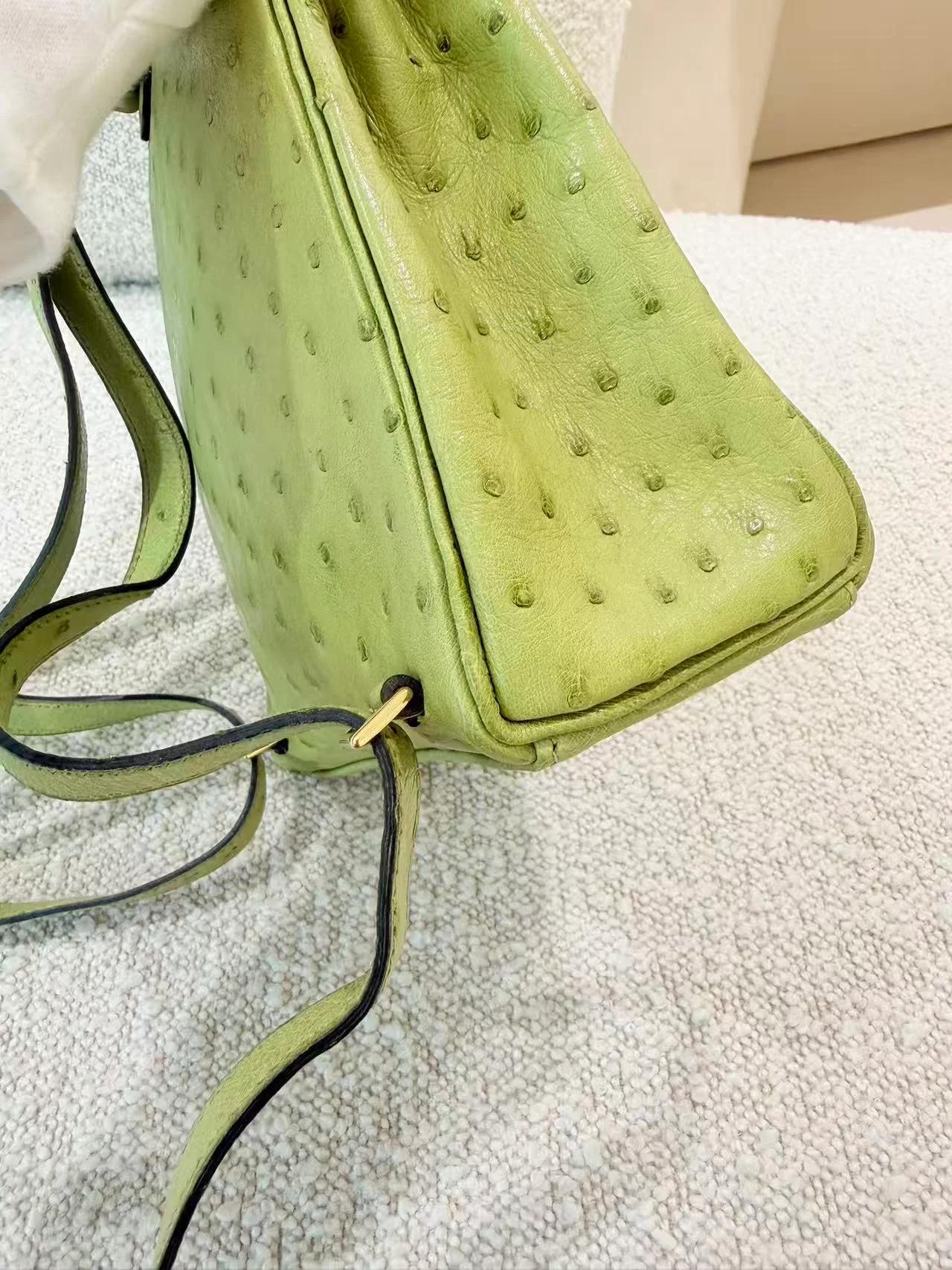 Very Good ( Rank A) HERMÈS Kelly Ado PM Vert Anis (66) Ostrich Gold hardware Square D (2000) - 17