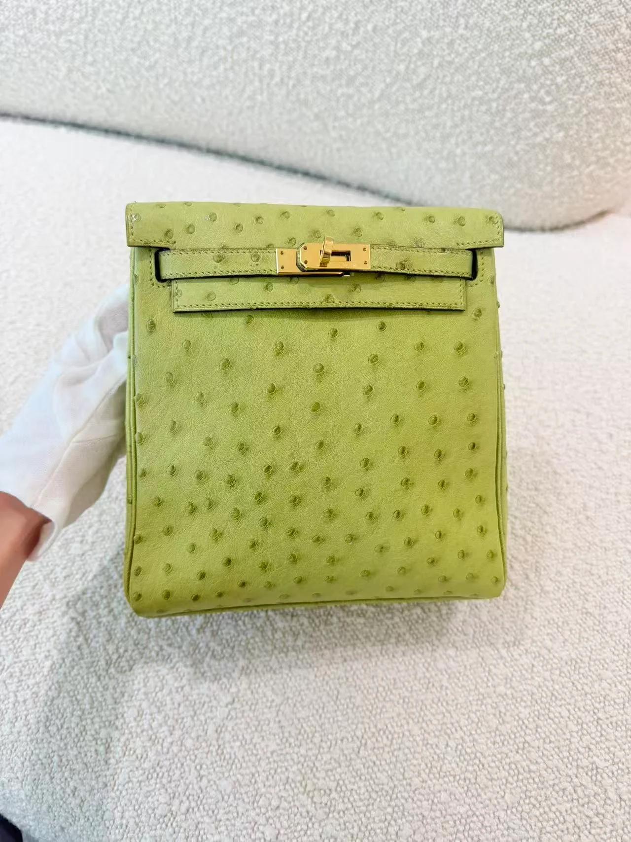 Very Good ( Rank A) HERMÈS Kelly Ado PM Vert Anis (66) Ostrich Gold hardware Square D (2000) - 6
