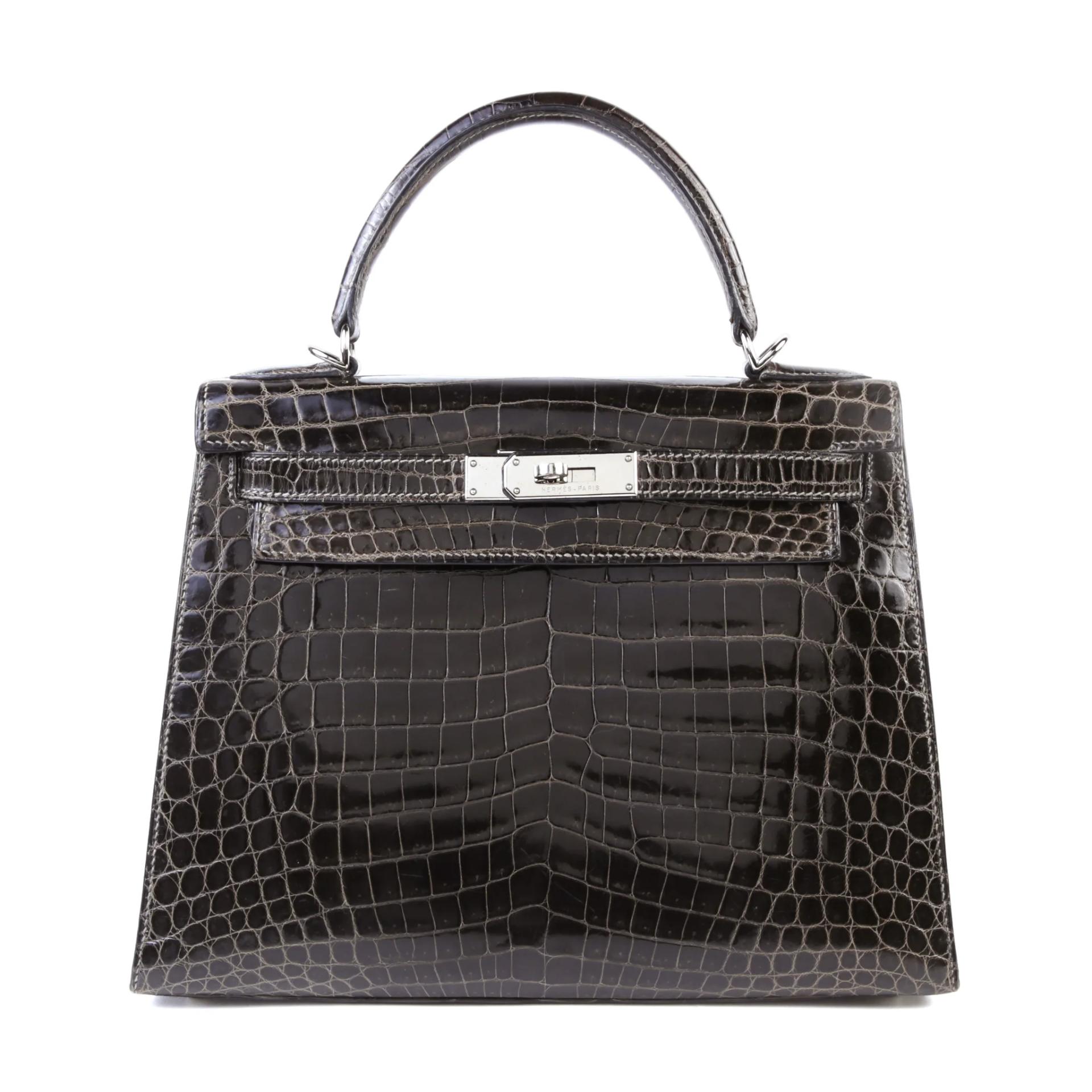 Good ( Rank AB) HERMÈS Kelly 28 Sellier Graphite (88) Shiny Niloticus Crocodile Palladium hardware Square H (2004) - 1