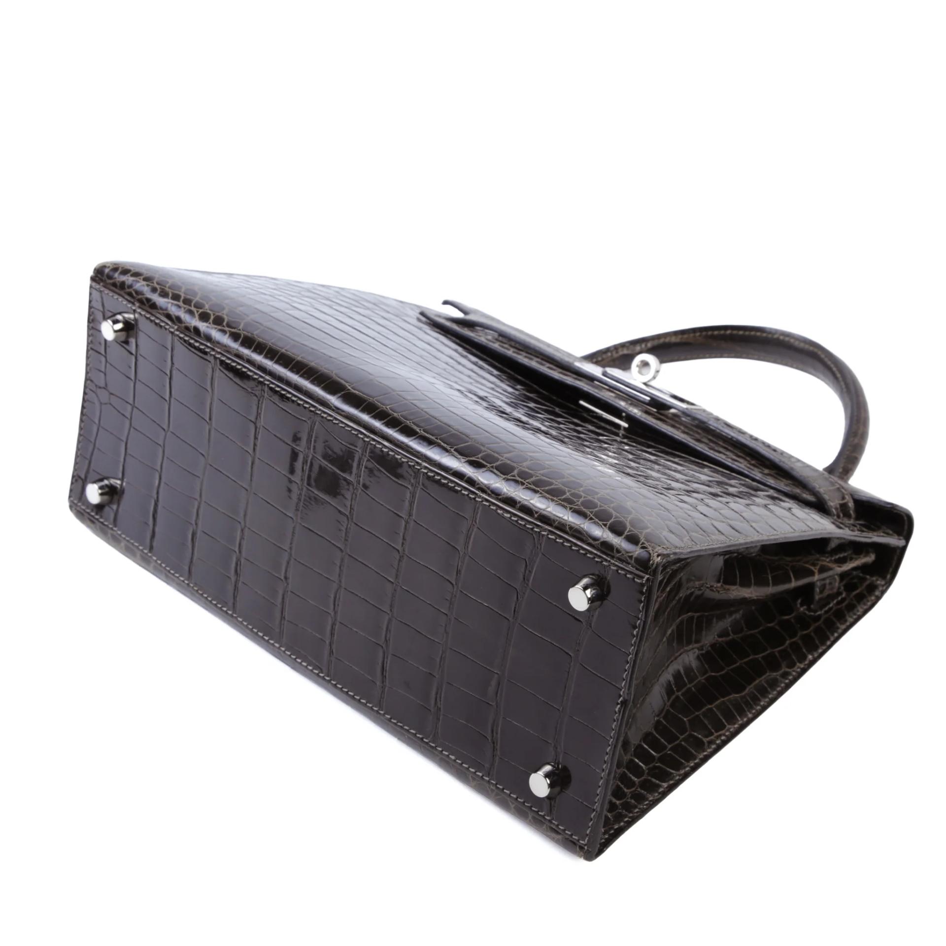 Good ( Rank AB) HERMÈS Kelly 28 Sellier Graphite (88) Shiny Niloticus Crocodile Palladium hardware Square H (2004) - 5