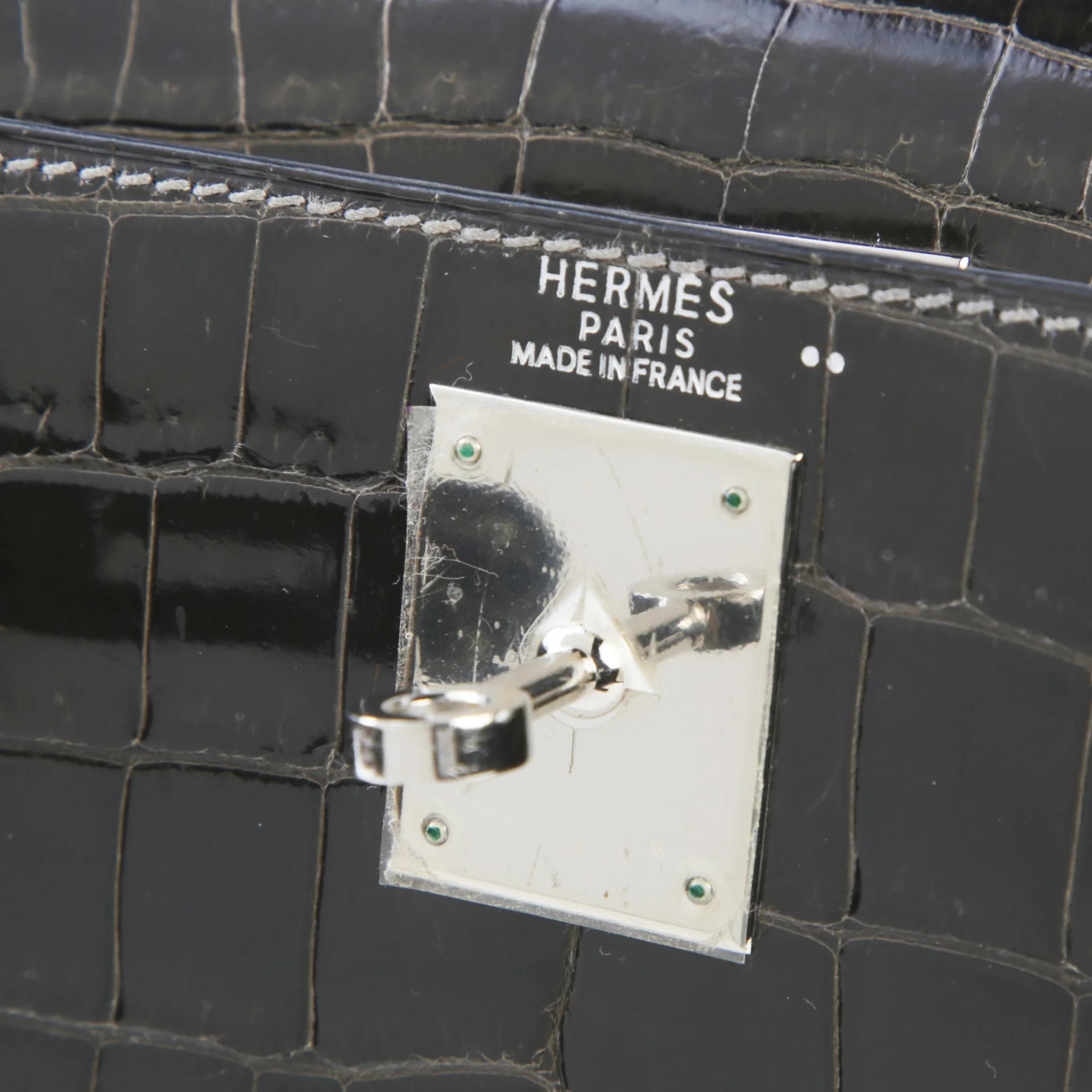 Good ( Rank AB) HERMÈS Kelly 28 Sellier Graphite (88) Shiny Niloticus Crocodile Palladium hardware Square H (2004) - 9