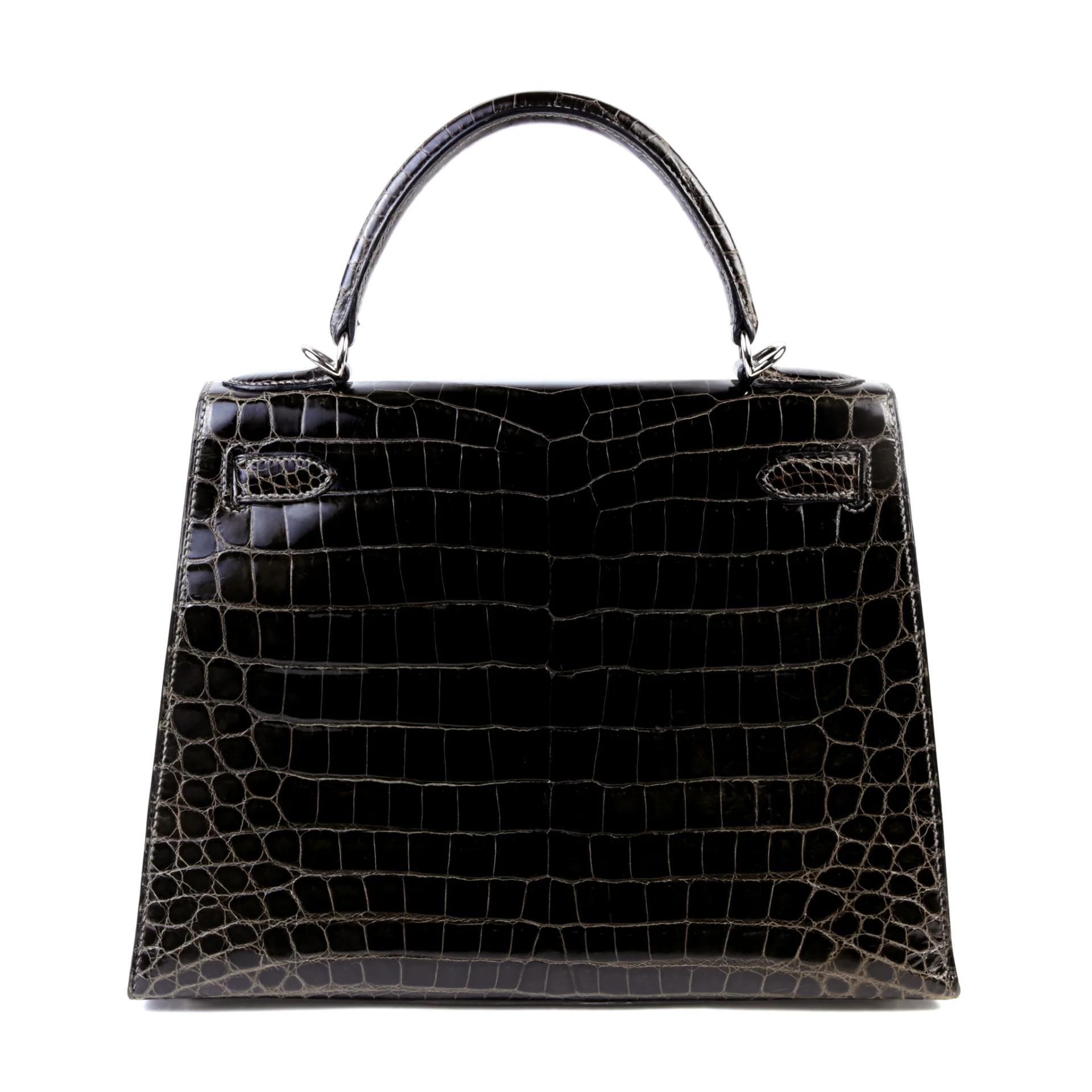 Good ( Rank AB) HERMÈS Kelly 28 Sellier Graphite (88) Shiny Niloticus Crocodile Palladium hardware Square H (2004) - 2