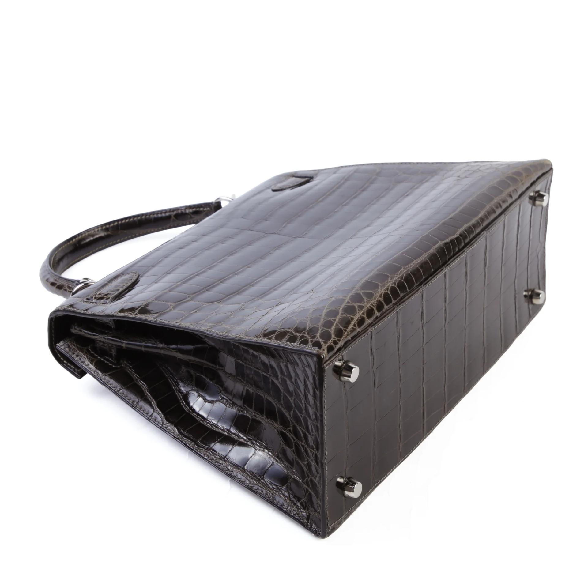 Good ( Rank AB) HERMÈS Kelly 28 Sellier Graphite (88) Shiny Niloticus Crocodile Palladium hardware Square H (2004) - 6