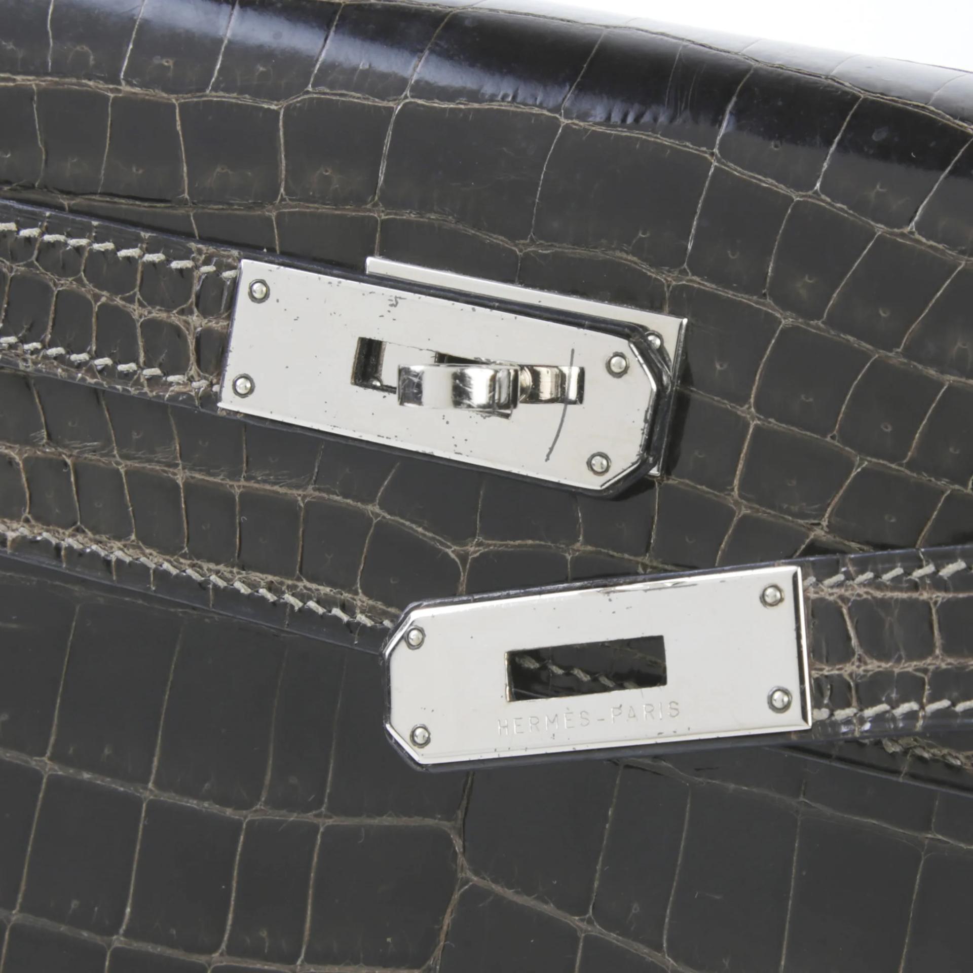 Good ( Rank AB) HERMÈS Kelly 28 Sellier Graphite (88) Shiny Niloticus Crocodile Palladium hardware Square H (2004) - 8