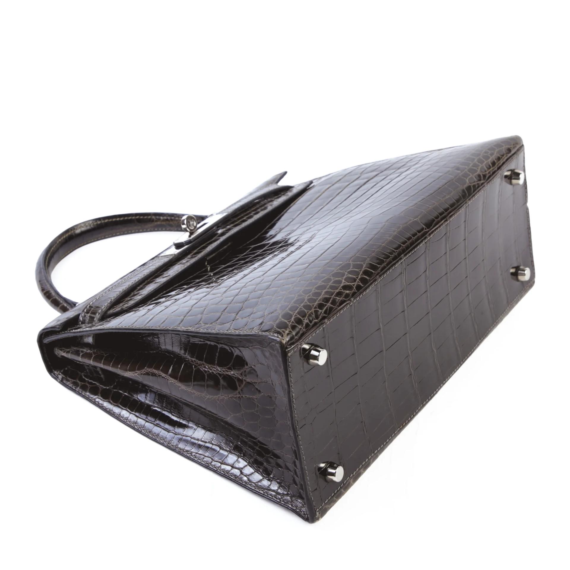 Good ( Rank AB) HERMÈS Kelly 28 Sellier Graphite (88) Shiny Niloticus Crocodile Palladium hardware Square H (2004) - 4