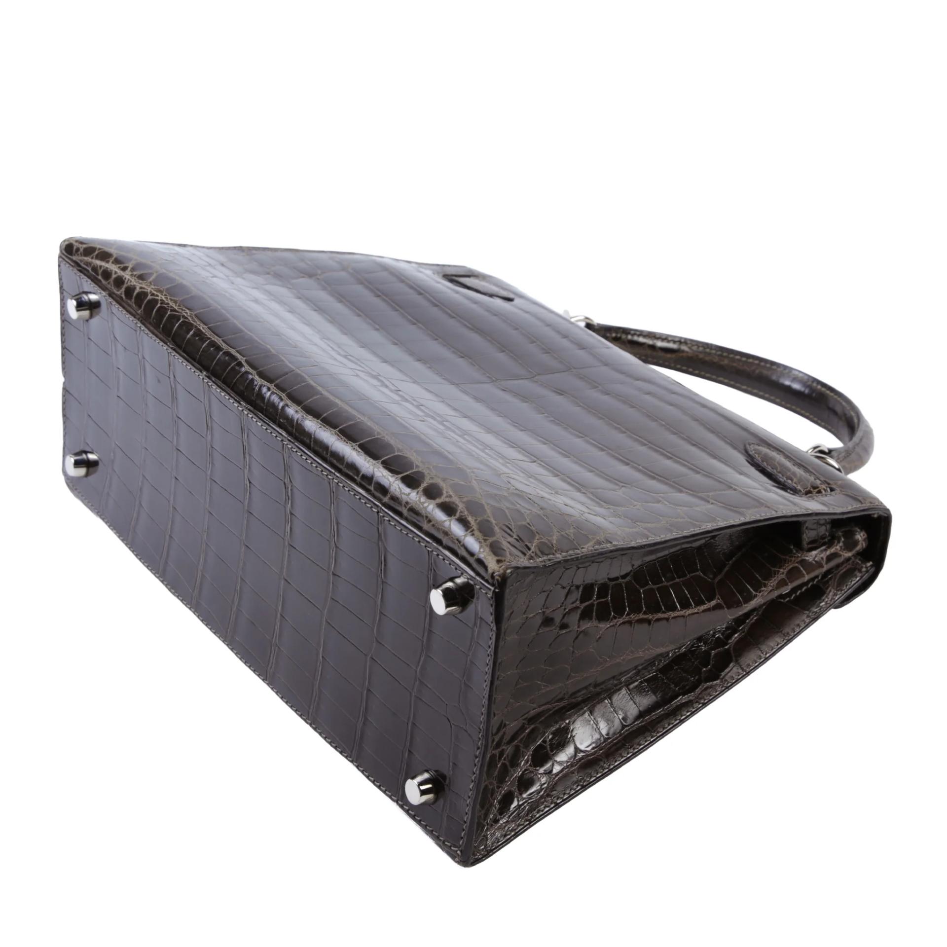 Good ( Rank AB) HERMÈS Kelly 28 Sellier Graphite (88) Shiny Niloticus Crocodile Palladium hardware Square H (2004) - 7