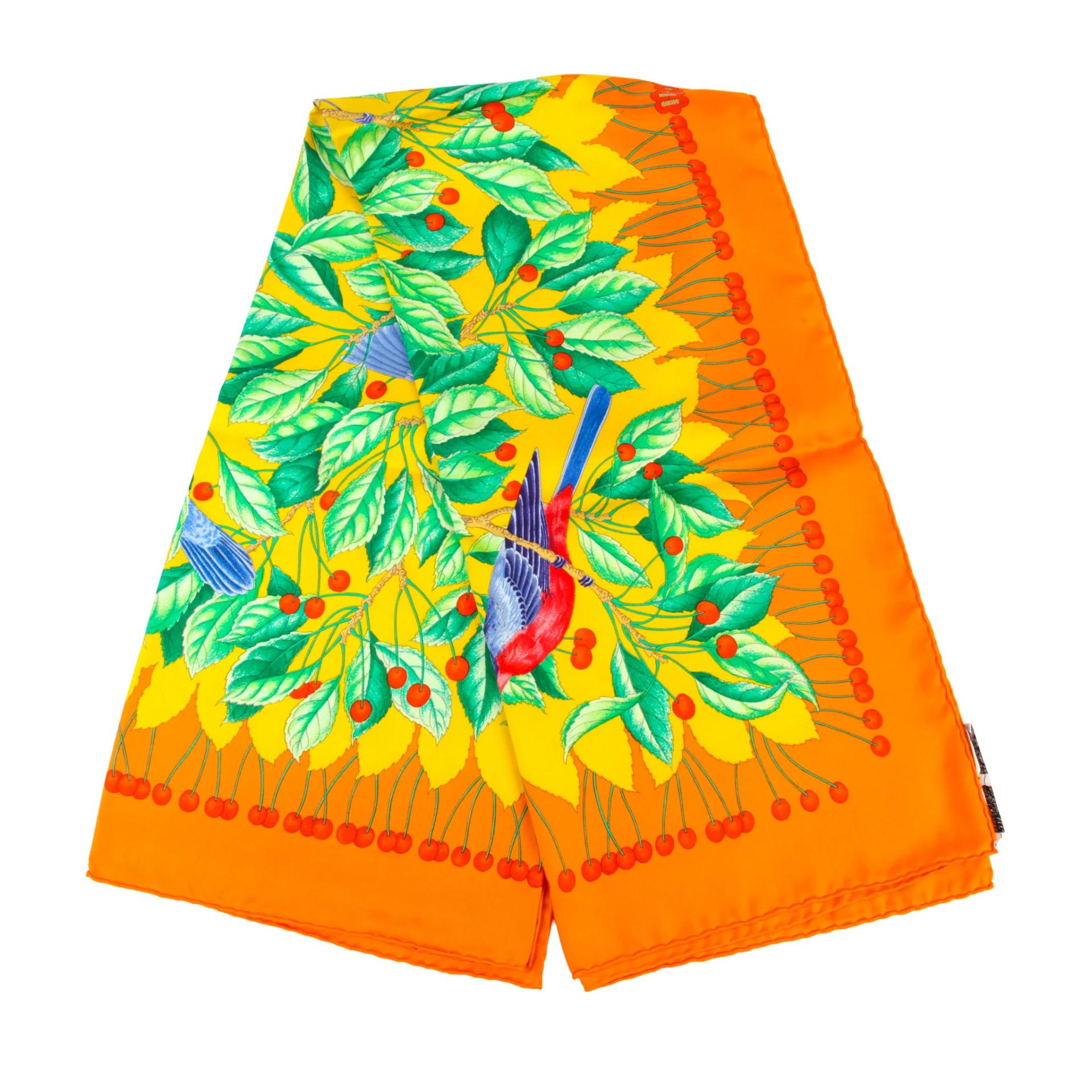 Carre 90 scarf Les merises Orange Yellow Green